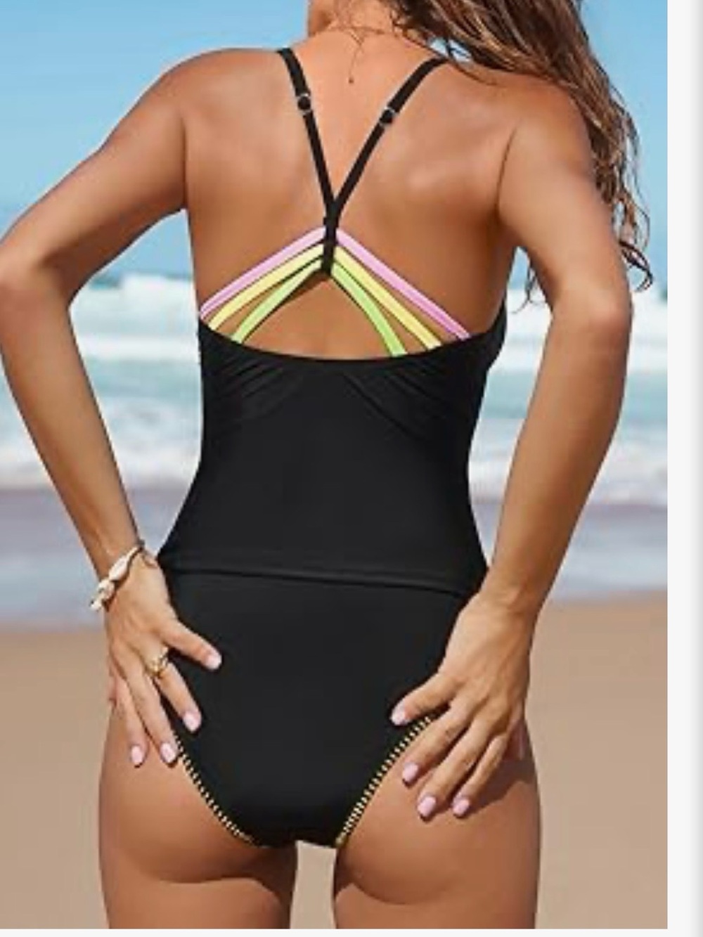 Cupshe Black Tankini Set with Multicolor Stripe Accent - Picture 2 of 5